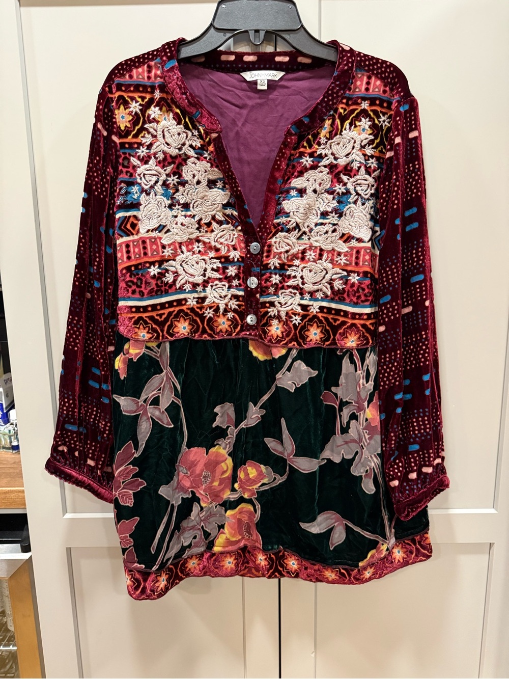 John Mark Burgundy and Green Velvet Embroidered Floral Tunic